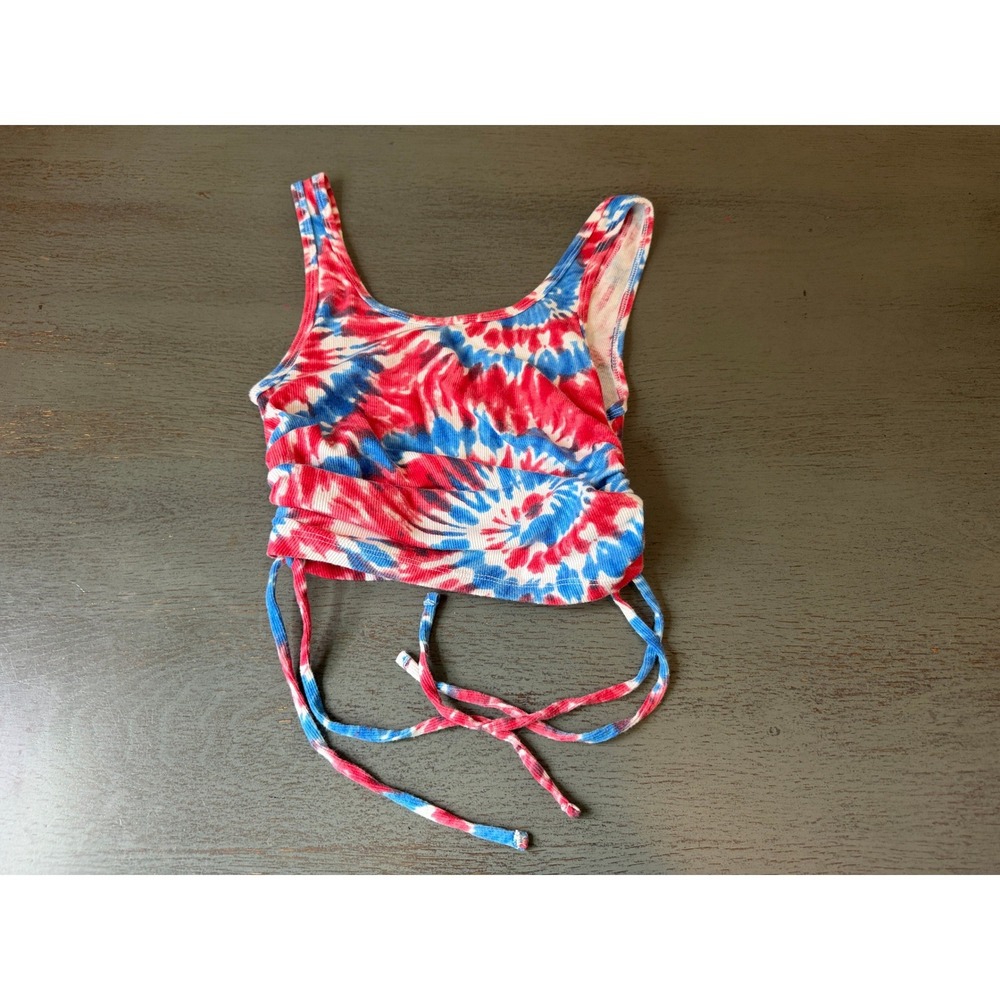 No Boundaries Tie Dye Cinched Crop Top Red White Blue Ribbed Small 3-5